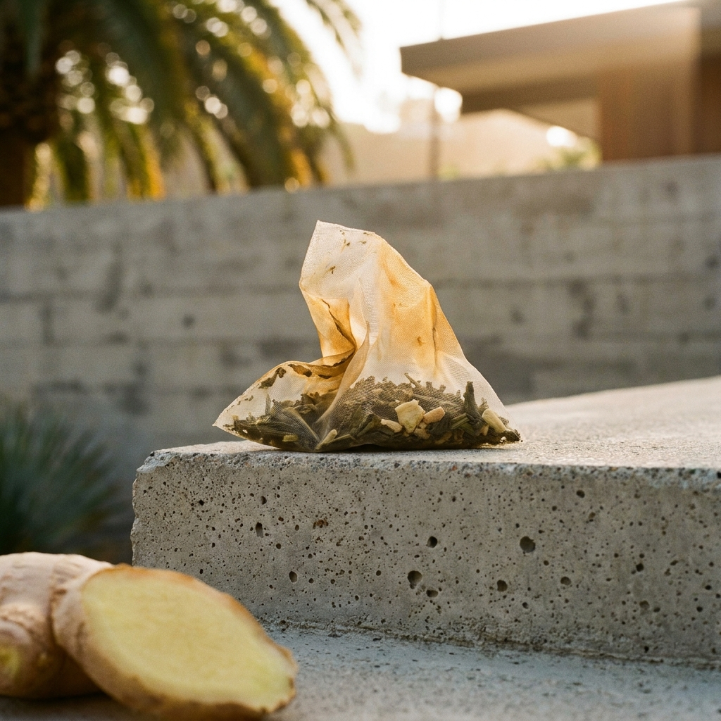 A small clear tea bag filled with dried green herbs sits on a concrete ledge outdoors, with ginger roots in the foreground and a blurred wall and palm tree in the background.