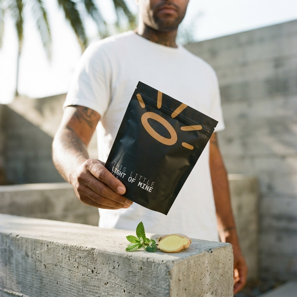 A man in a white t-shirt holds up a black pouch of 'This Little Light of Mine' coffee on a concrete ledge outdoors, with a slice of ginger and mint resting below.