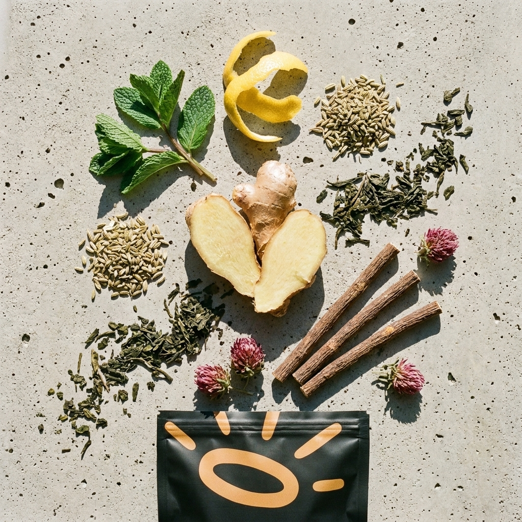 An overhead flat-lay of loose herbal tea ingredients arranged on a light concrete surface, including mint leaves, ginger root, cinnamon sticks, dried herbs, flower buds, and a black pouch with a yellow sun logo at the bottom.