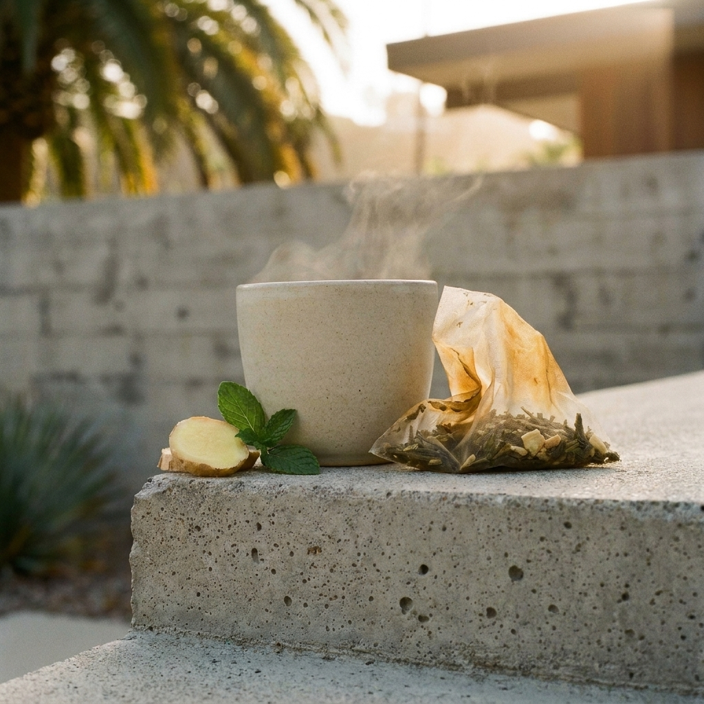 A light beige ceramic mug with steam rising, styled on a concrete ledge outdoors with a wet tea bag, ginger, and mint leaves.