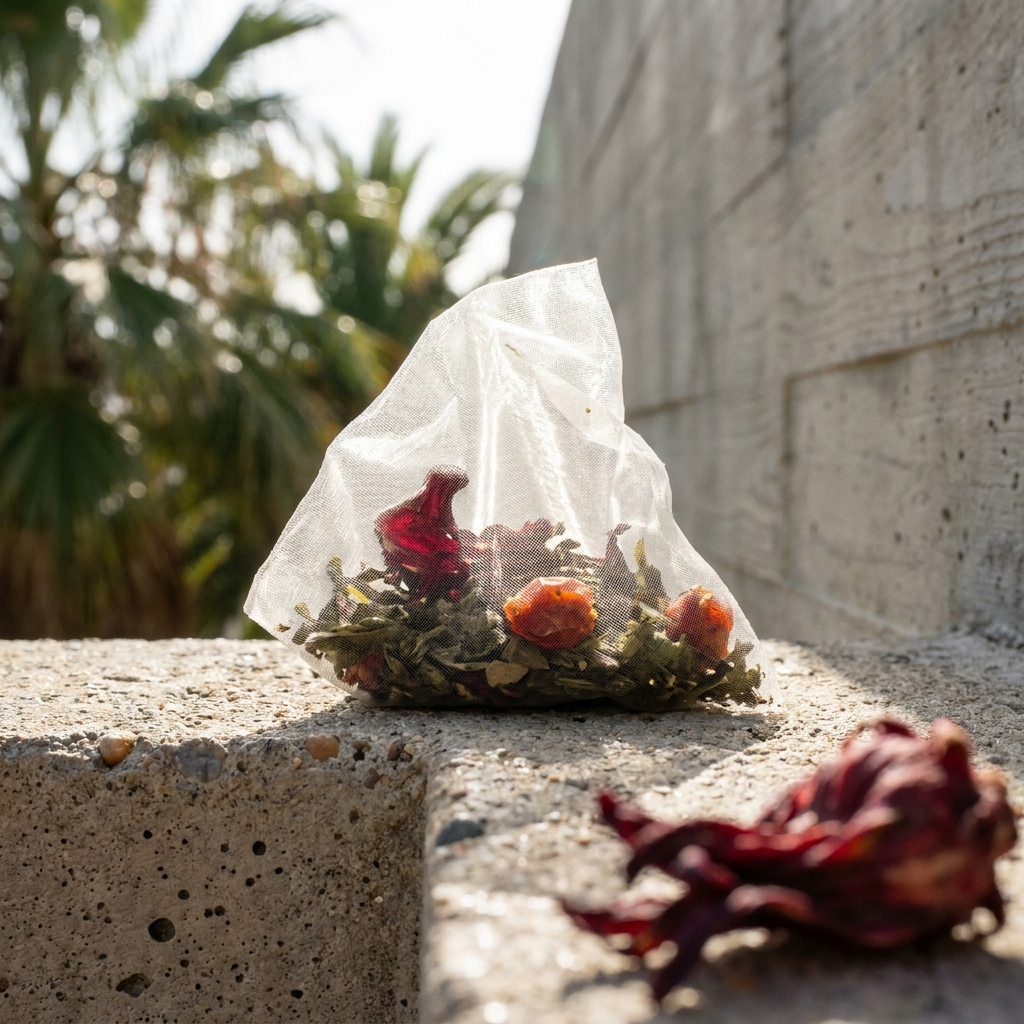 A small clear plastic bag containing dried flowers and leaves sits on a rough concrete ledge outdoors, with a matching dried red flower lying in the foreground and blurred palm trees and a wall in the background.