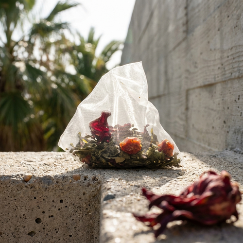 A small clear plastic bag containing dried flowers and leaves sits on a rough concrete ledge outdoors, with a matching dried red flower lying in the foreground and blurred palm trees and a wall in the background.