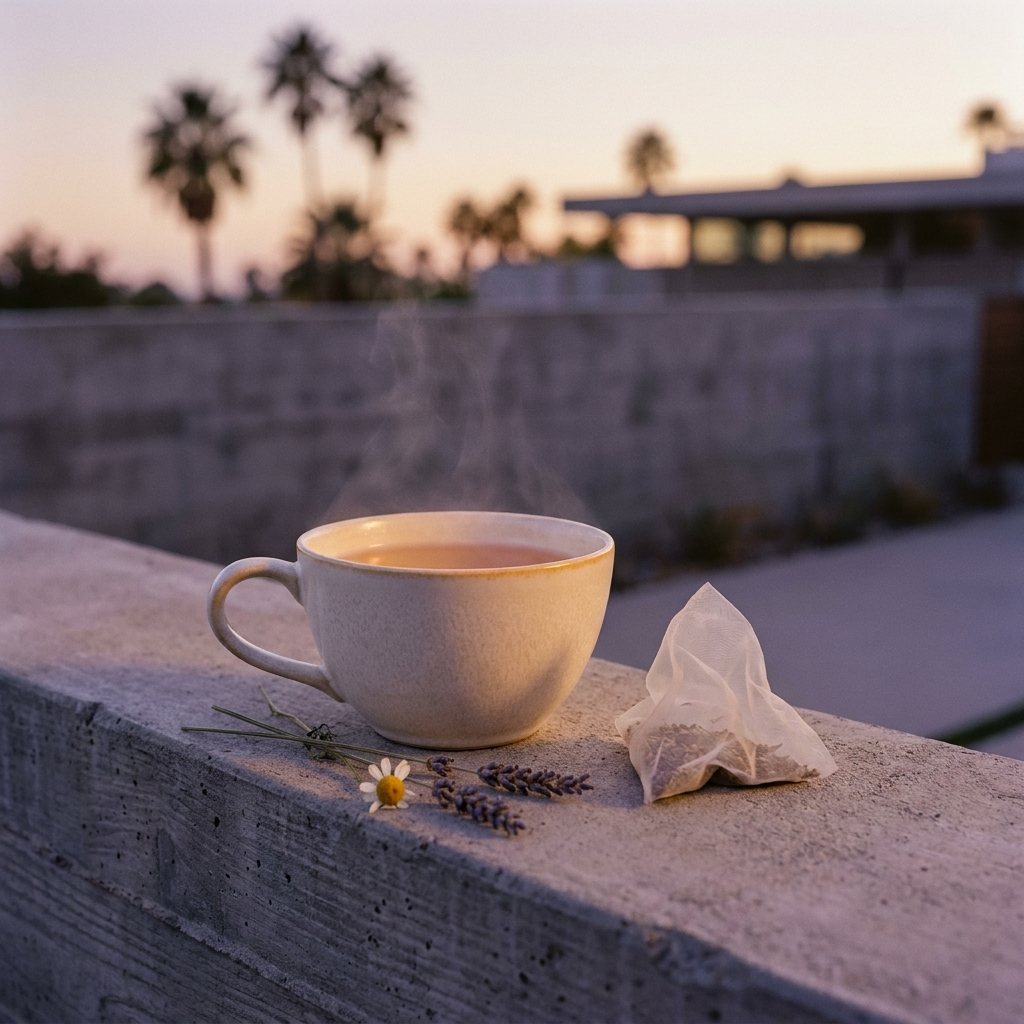 A steaming ceramic mug sits on a concrete ledge outdoors at sunset, with a tea bag and small flowers beside it. Palm trees and a modern building are softly blurred in the background.