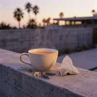 A steaming ceramic mug sits on a concrete ledge outdoors at sunset, with a tea bag and small flowers beside it. Palm trees and a modern building are softly blurred in the background.