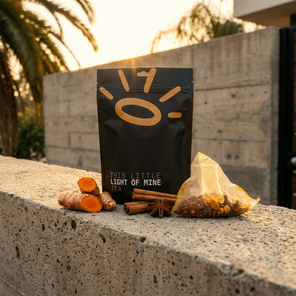 A black stand-up pouch labeled 'THE LITTLE LIGHT OF MINE TEA CO.' stands on a concrete ledge outdoors, with turmeric roots, cinnamon sticks, star anise, and a small clear bag of loose tea ingredients arranged in front.