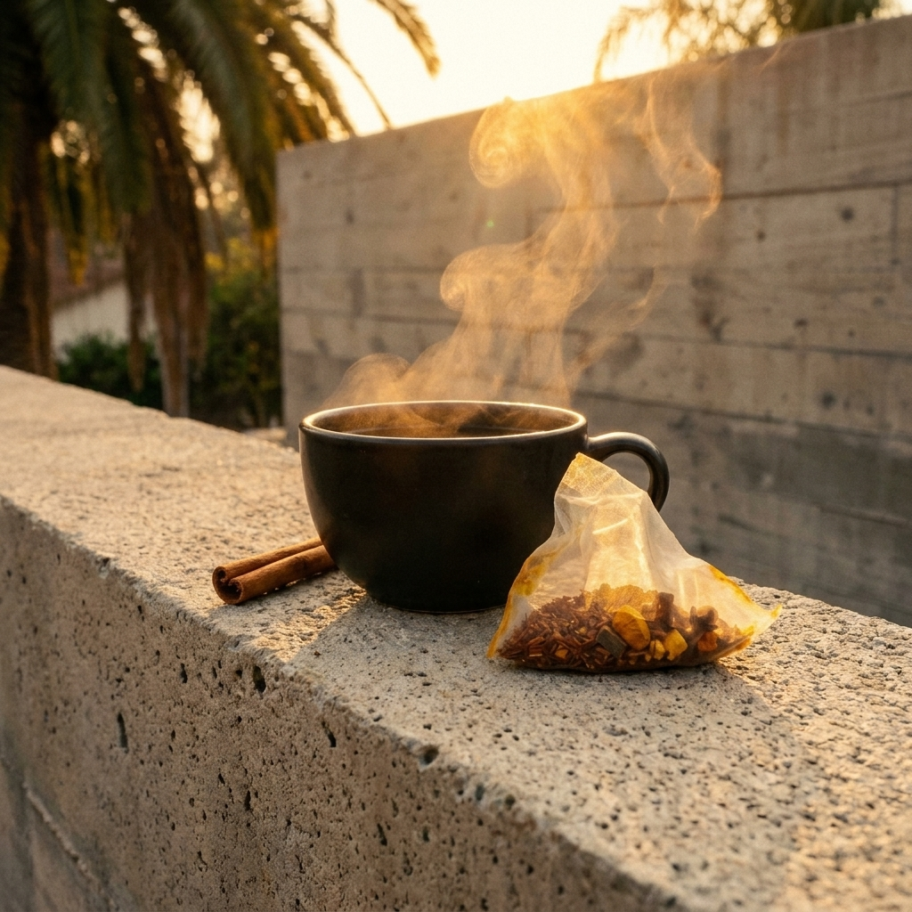 A black ceramic mug with steam rising from it sits on a stone ledge outdoors, alongside a cinnamon stick and a single brewed tea bag.