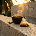 A black ceramic mug with steam rising from it sits on a stone ledge outdoors, alongside a cinnamon stick and a single brewed tea bag.