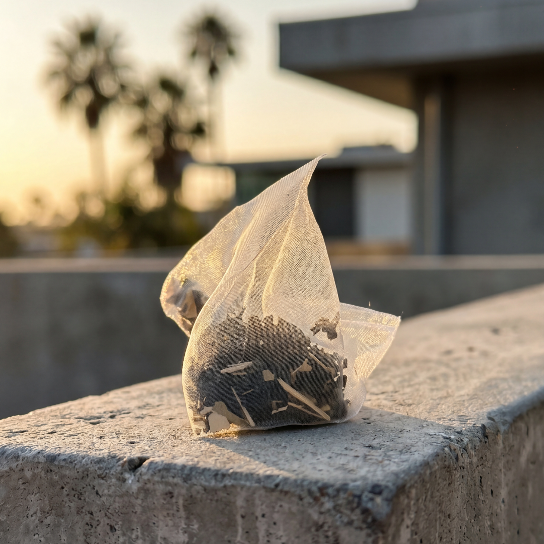 A single triangular paper tea bag filled with dark tea and tea leaves, resting on a concrete ledge outdoors with a blurred sunset background and palm trees.