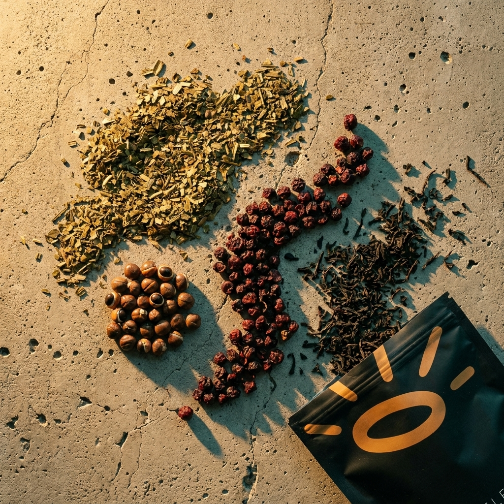 A styled flat-lay of loose-leaf herbal tea ingredients and a black pouch on a textured concrete surface. The ingredients include dried green leaves, dark brown tea leaves, red dried berries, and brown nuts, arranged next to a black pouch with a gold sun graphic.