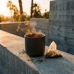 A dark ceramic mug filled with a steaming hot drink sits on a concrete ledge outdoors at sunset, with a tea bag beside it and blurred palm trees and buildings in the background.